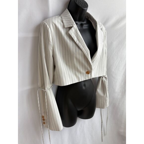 Forever 21 Off White Pinstripe Blazer Crop Size S Classy Professional Y2K Cute - Picture 3 of 10
